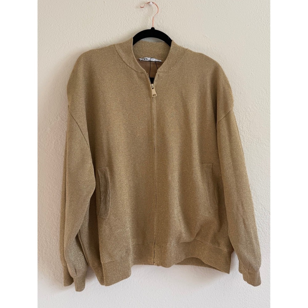 Zara Gold Metallic Knit Oversized Lurex Zip Front Shimmer Bomber Jacket Med NWOT